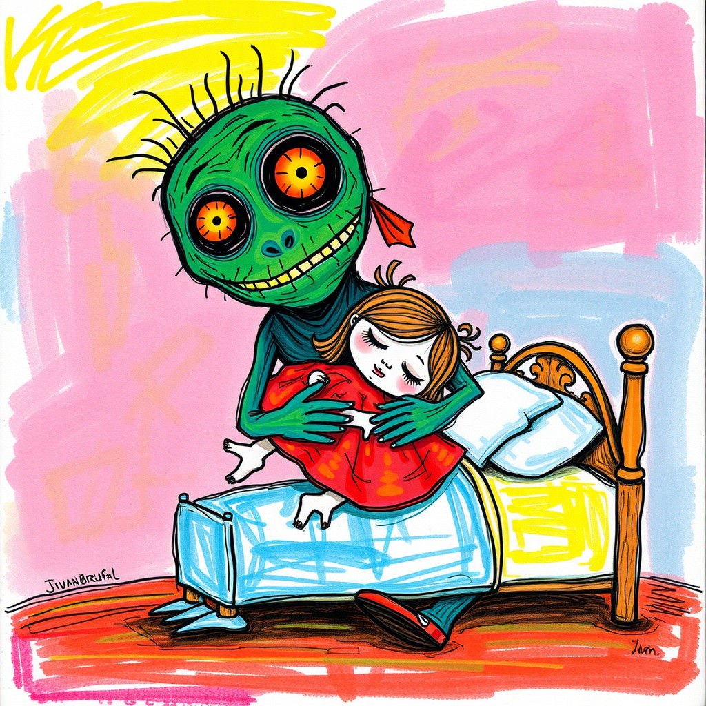 Cute Monster Carries Sleeping Girl: Art Brut Style
