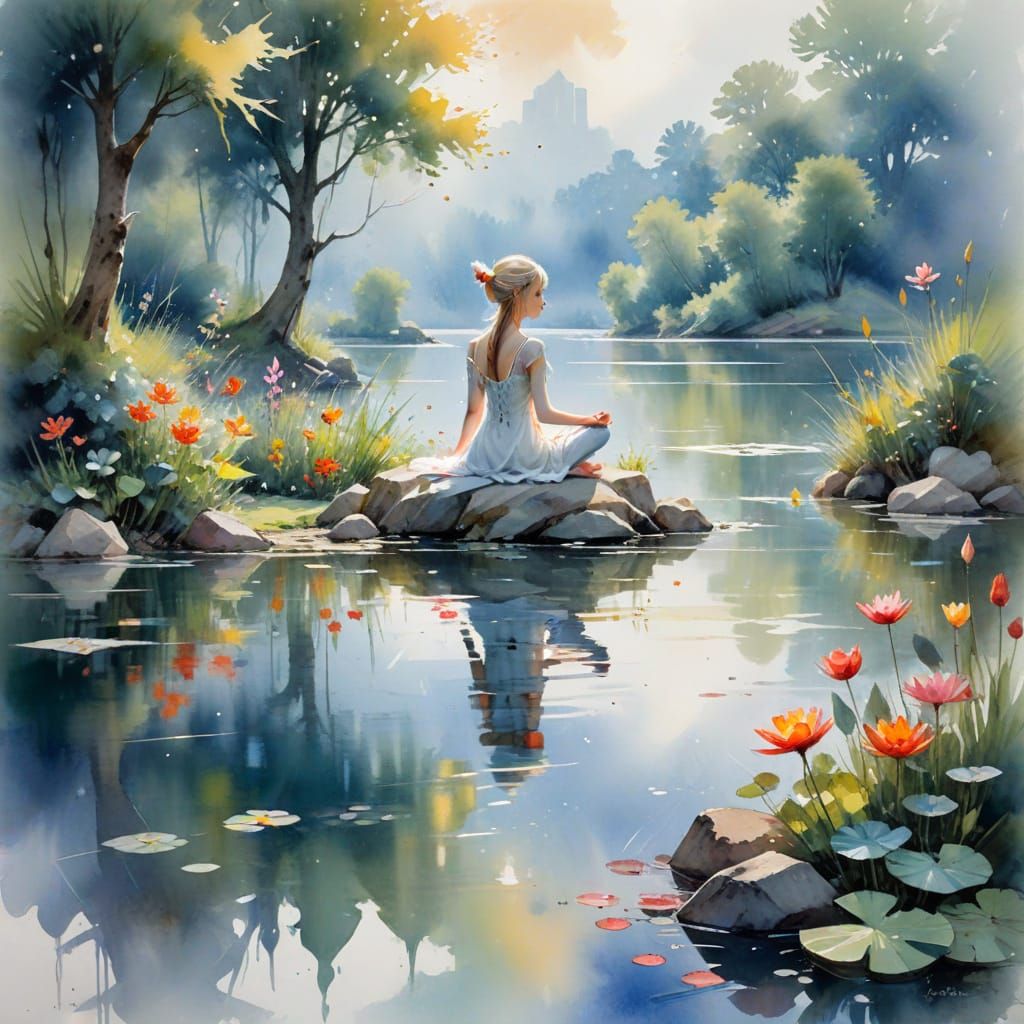 Ethereal Elf Meditating by Lake, Watercolor Style