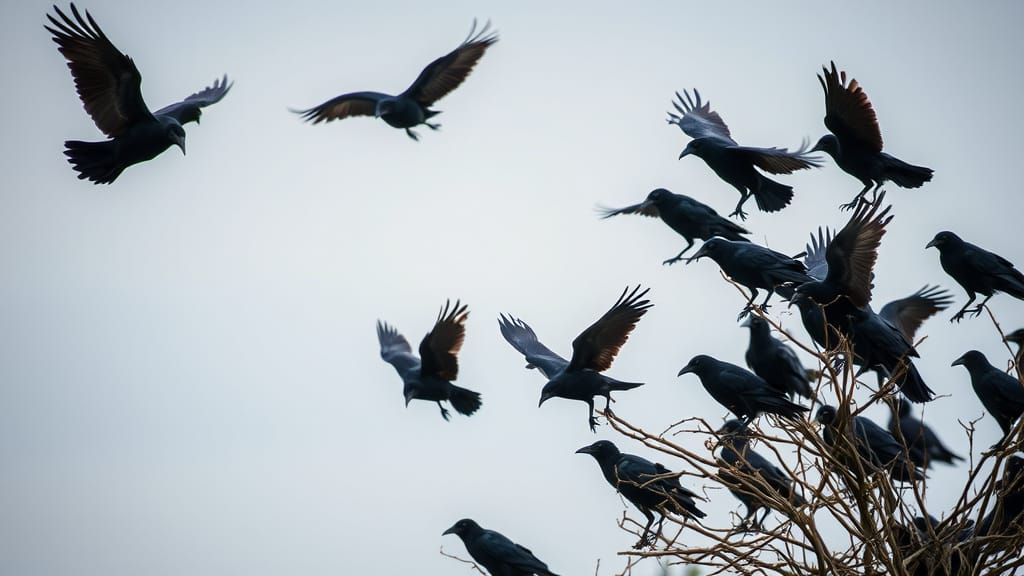 A Murder of Crows Gathering in Dark Sky