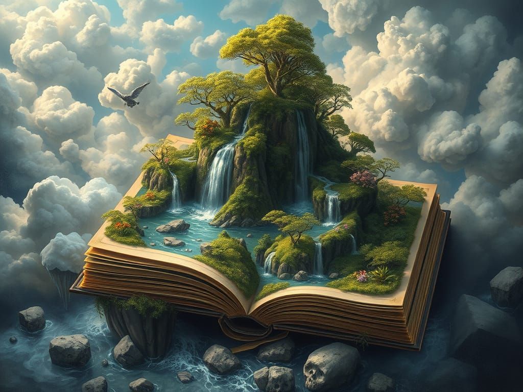 Surreal Oil Painting of a Magical Book with Island, Waterfal...