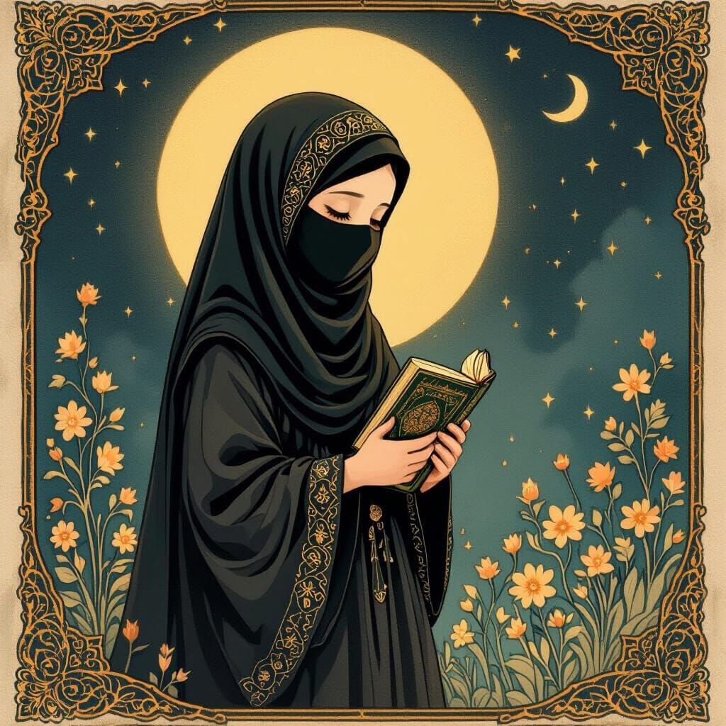 Girl in Niqab with Quran: Fantasy Book Illustration