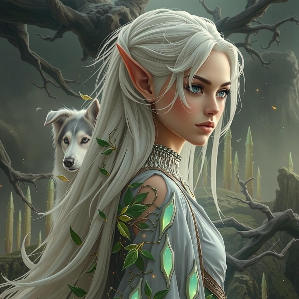 Elven Sorceress with Collie in Cyberpunk Style