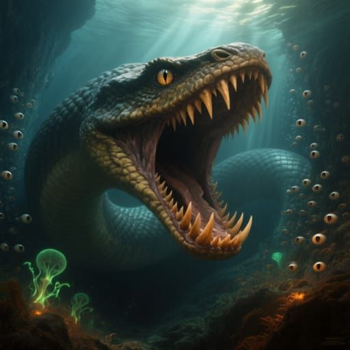 Nightmarish Underwater Serpent in Dark Fantasy Style