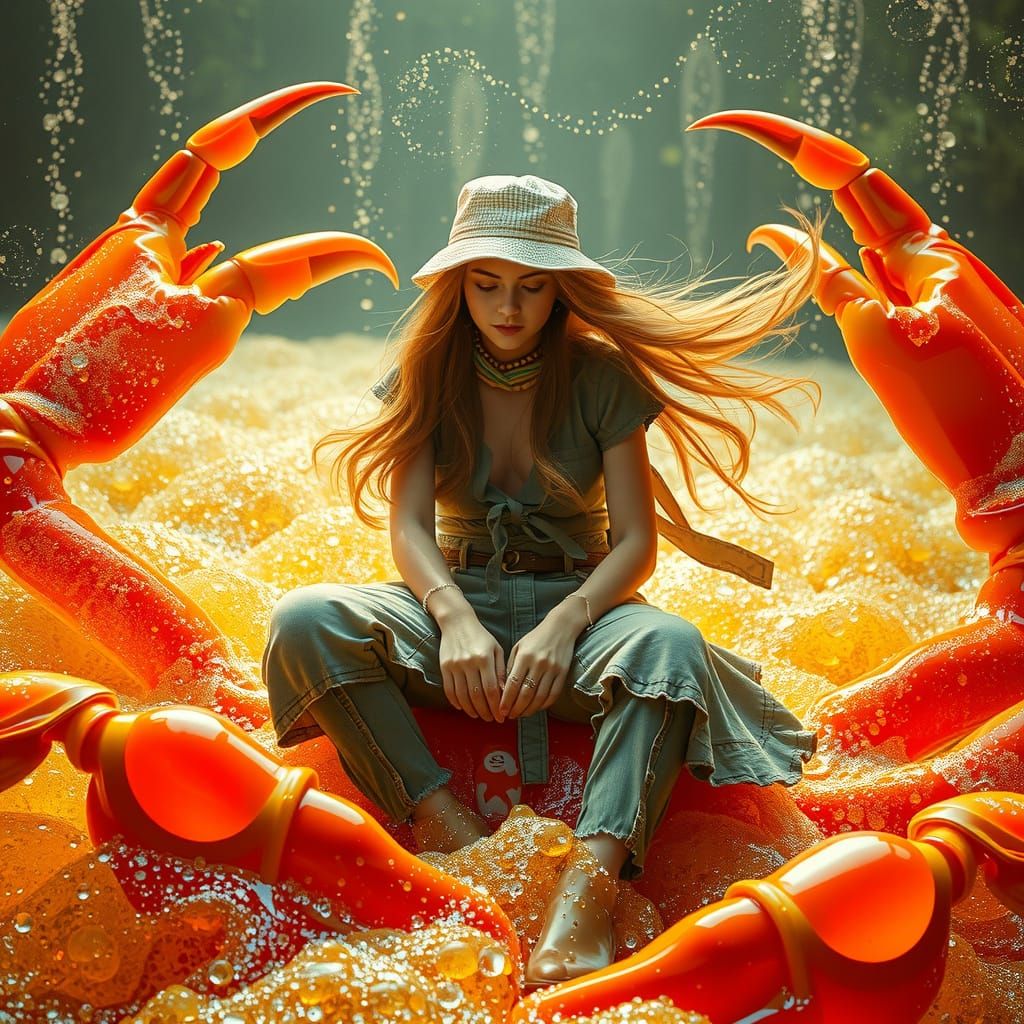 Woman on Gummy Crab in Dreamlike Soda Sea