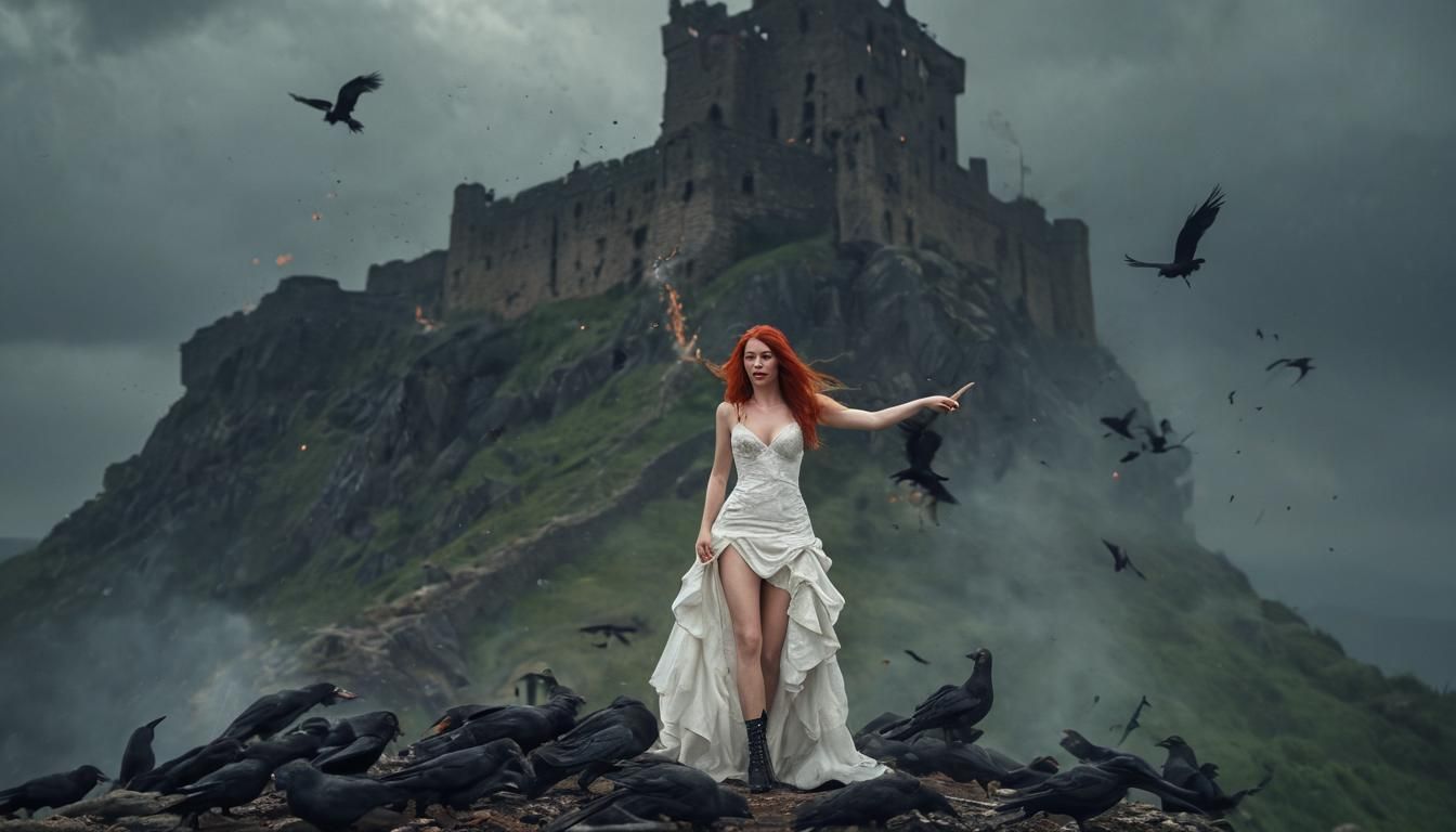 Scandinavian Girl in Ruined Landscape, Detailed Matte Painti...