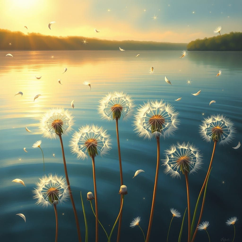 Dandelions Adrift on a Serene Lake Under Starry Night Skies