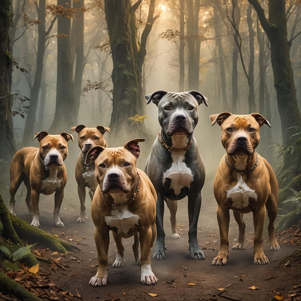 Ethereal Fantasy: Pit Bull Dogs on Misty Path