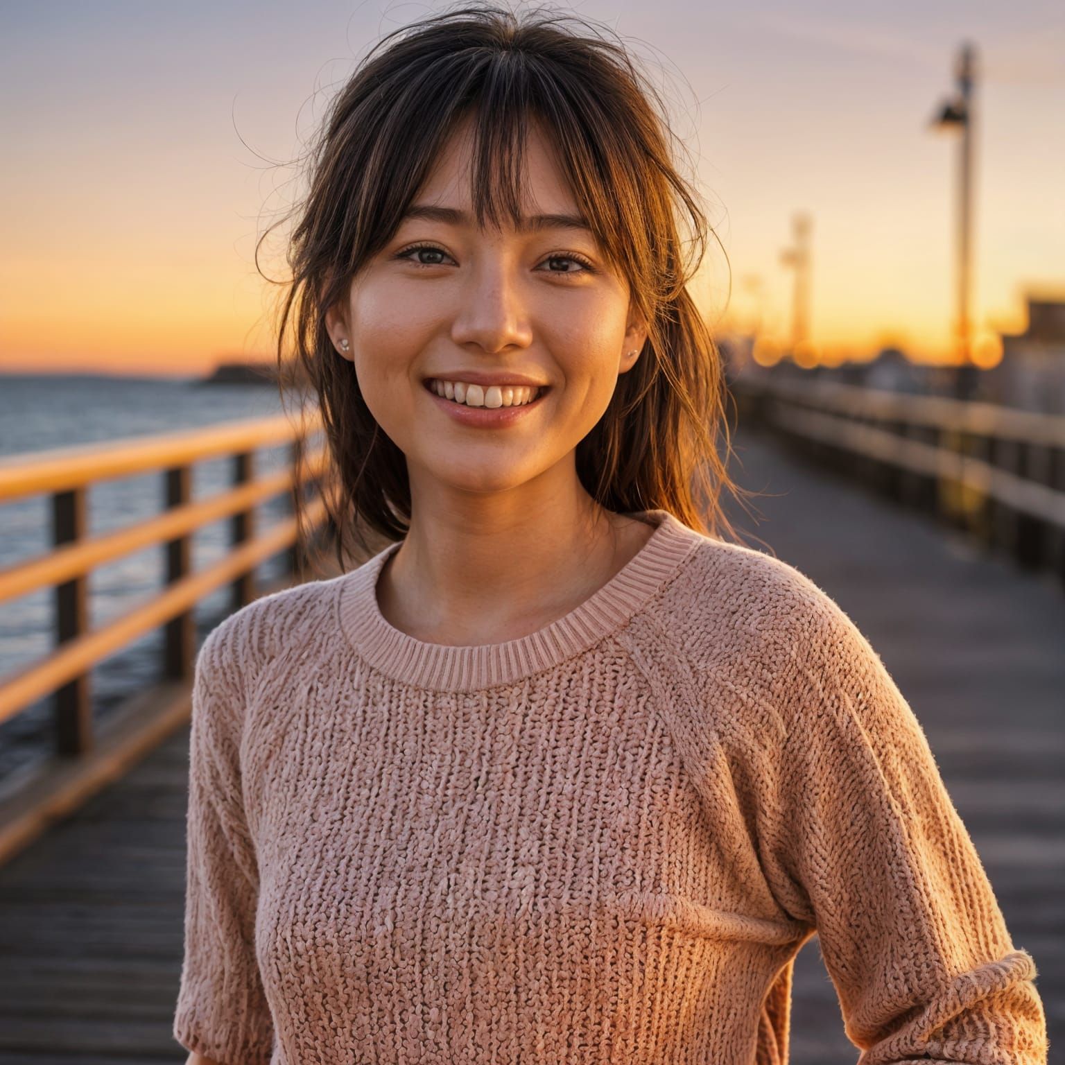 Japanese Girl on Boardwalk at Sunset