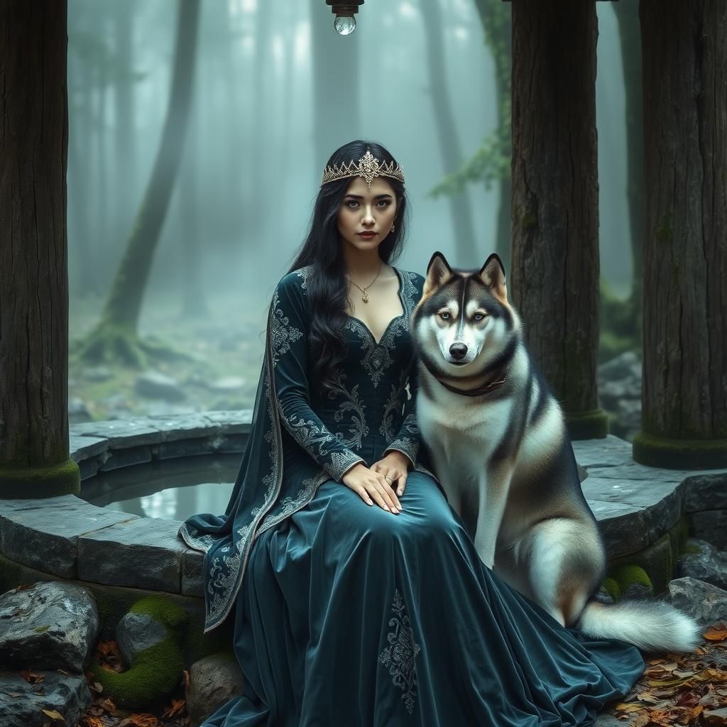 Woman with Diamond Crown and Husky by Well