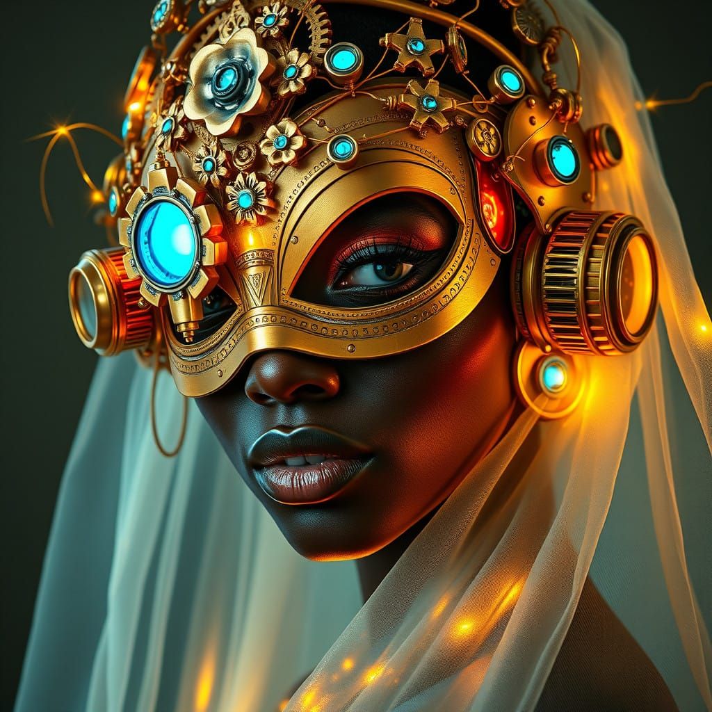 Elegant Steampunk Mask in Golden Brass and Silver with Flora...