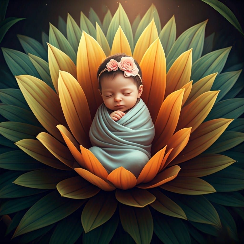 Baby Girl Asleep in Flower: 3D Rendered Scene