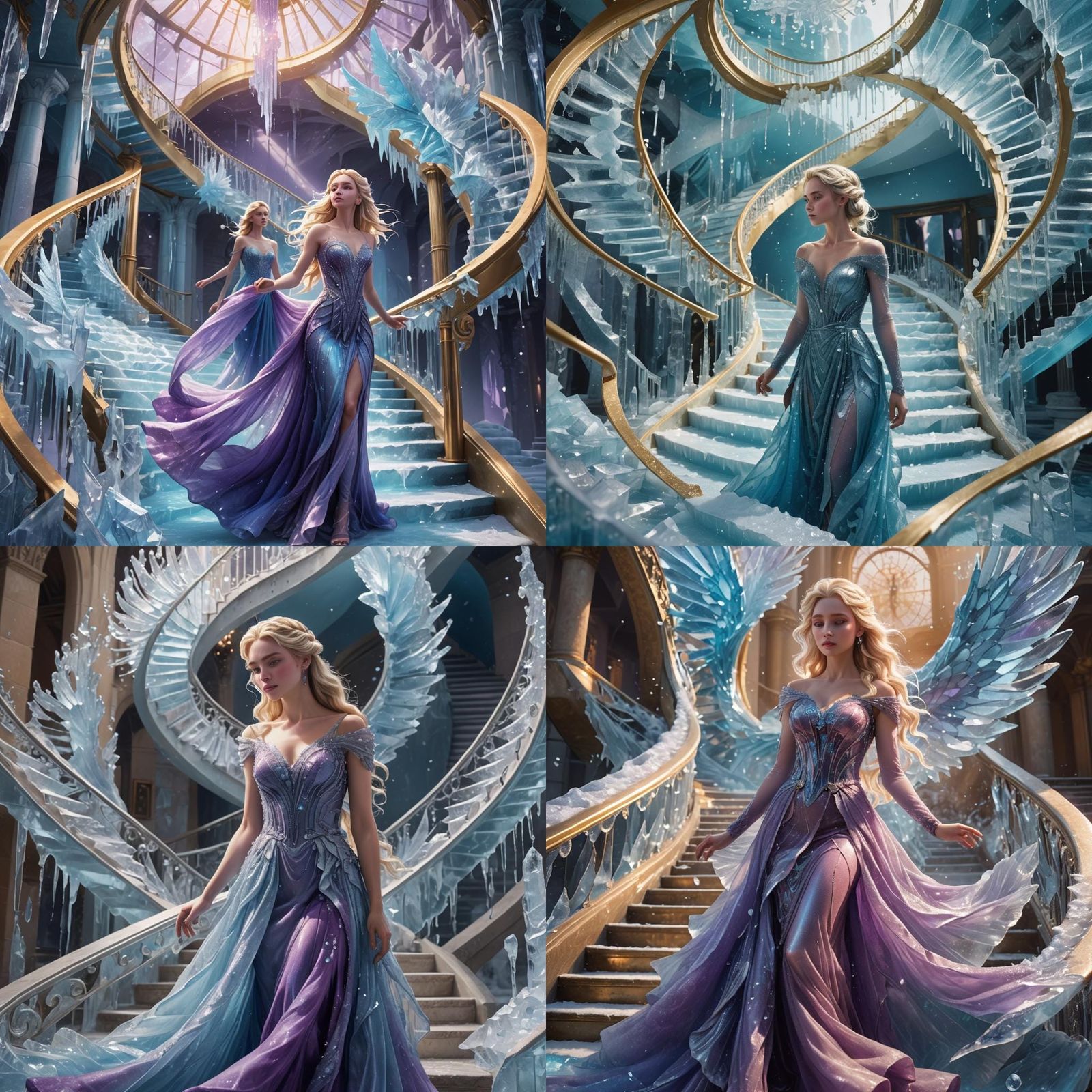 Elsa with Purple Crystal Ice Wings in Hyperrealistic Style
