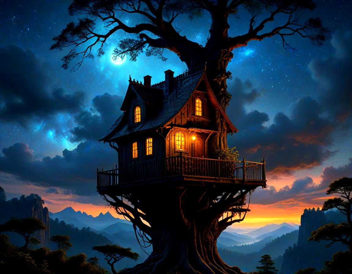 Steampunk Woman Gazes at Galactic Treehouse Night Sky