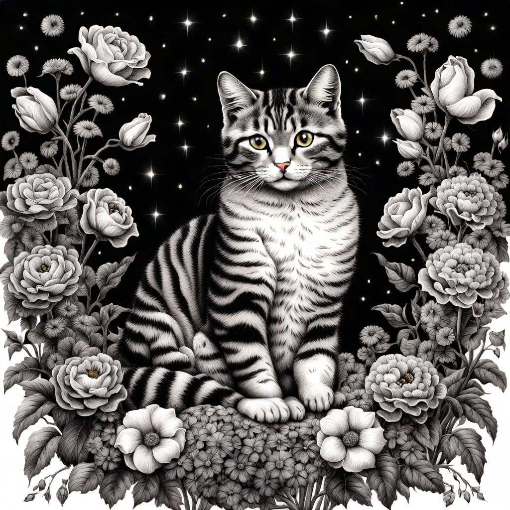 Cute Cat Surrounded by Flowers in Victorian Style