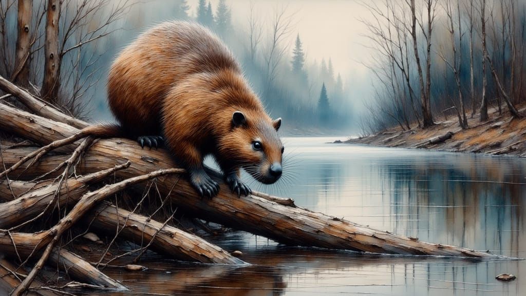 A North American Beaver is working on top of his den made fr...