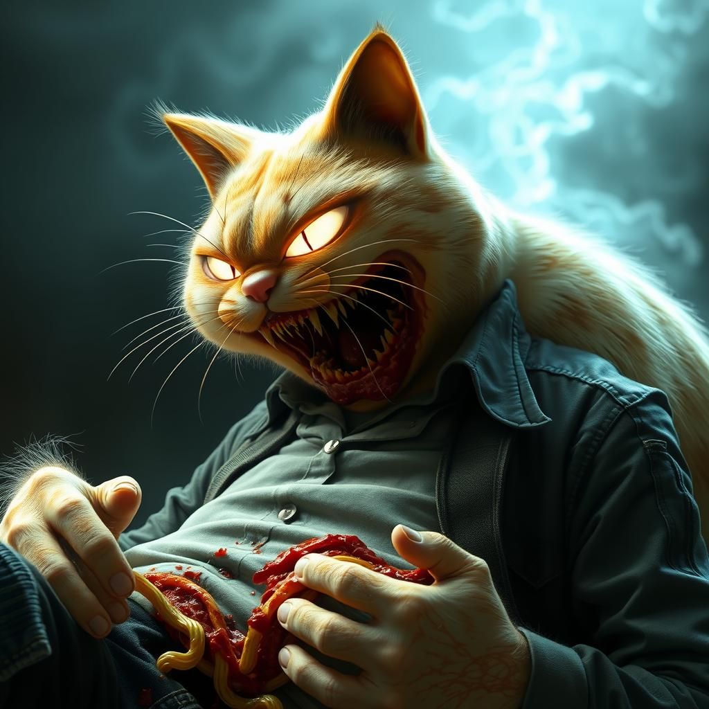 Ghostly Garfield Devouring John: A Twisted Horror Scene