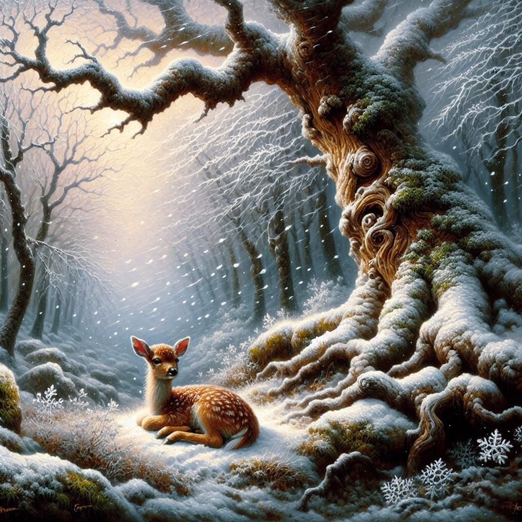 Fawn in Snowy Forest: Textured Oil Painting
