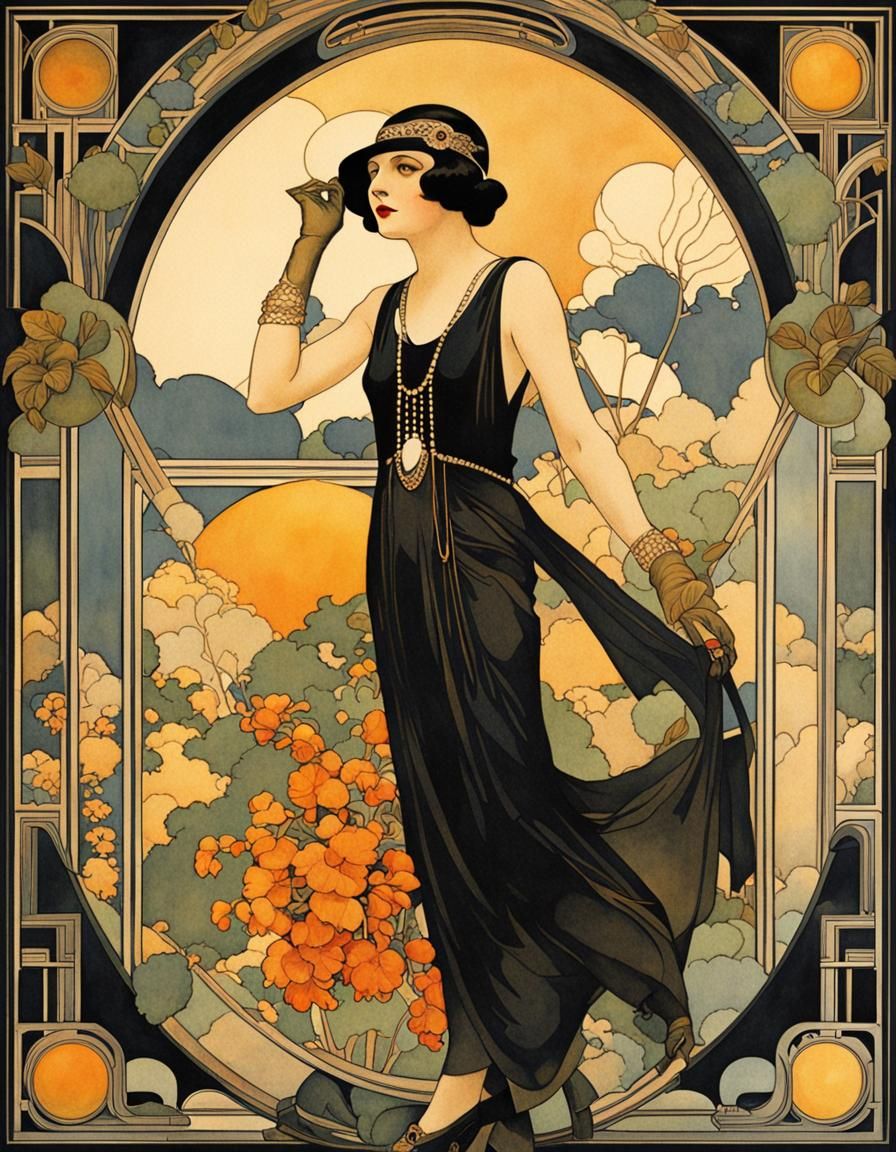 Art Deco Flapper Portrait in Art Nouveau Style