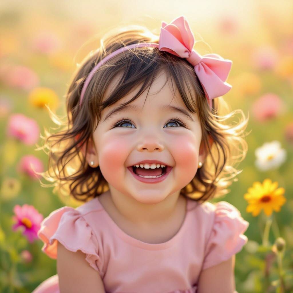 Joyful Child with Down Syndrome in Flower Field