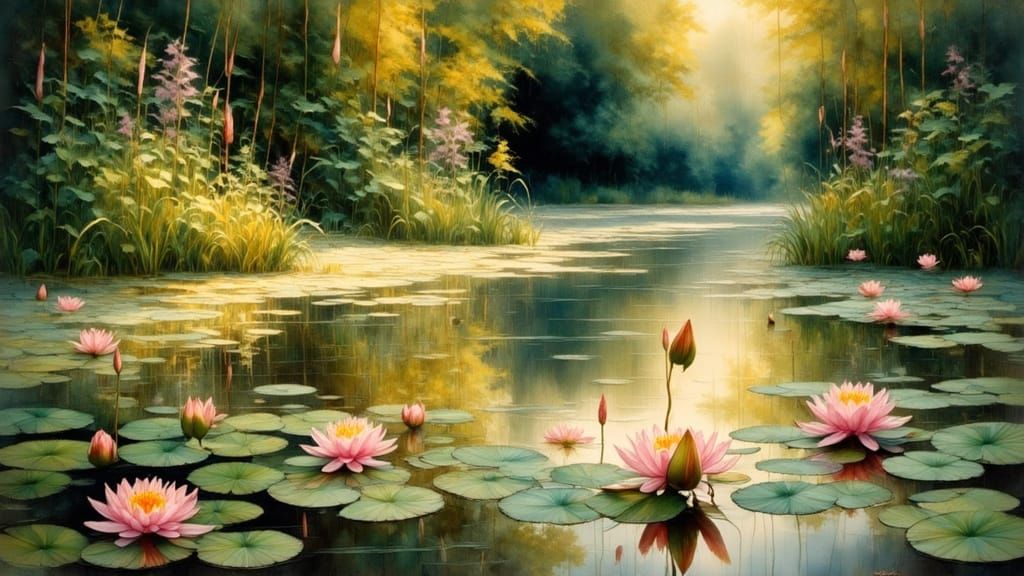 Waterlilies in a Tranquil Munkebjerg Forest Pond, circa 1921...