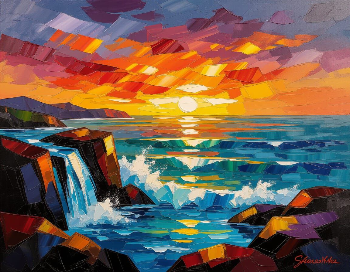 Dramatic Impasto Oil Painting of Rugged Coast at Sunset