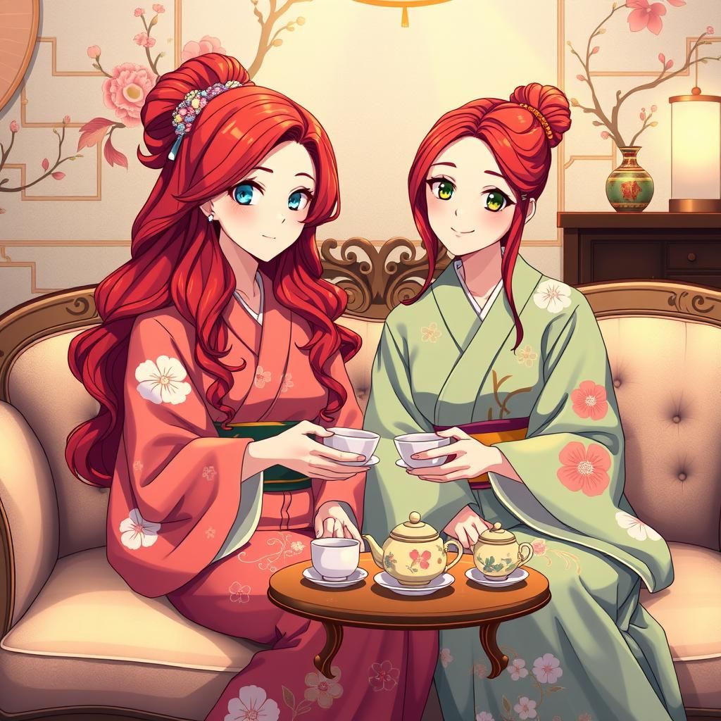 Friends Enjoying Tea in Anime Storybook Style