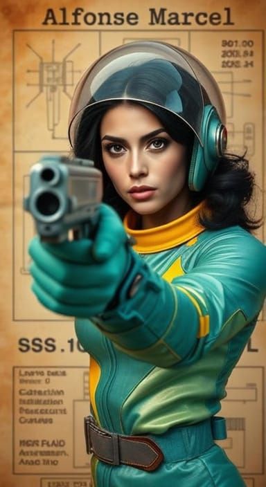 Sci-Fi Woman in Teal and Yellow Suit Aims Gun