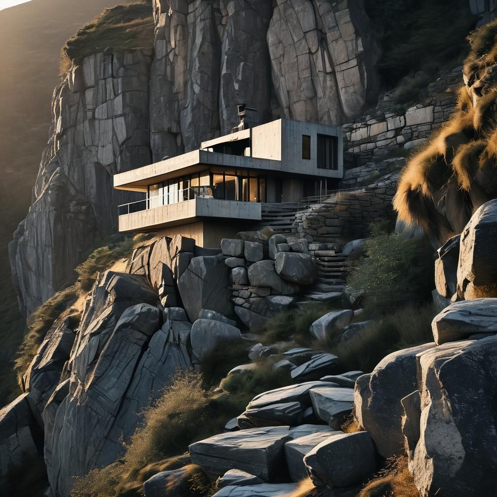 Brutalist Stone House on Mountain in Golden Light