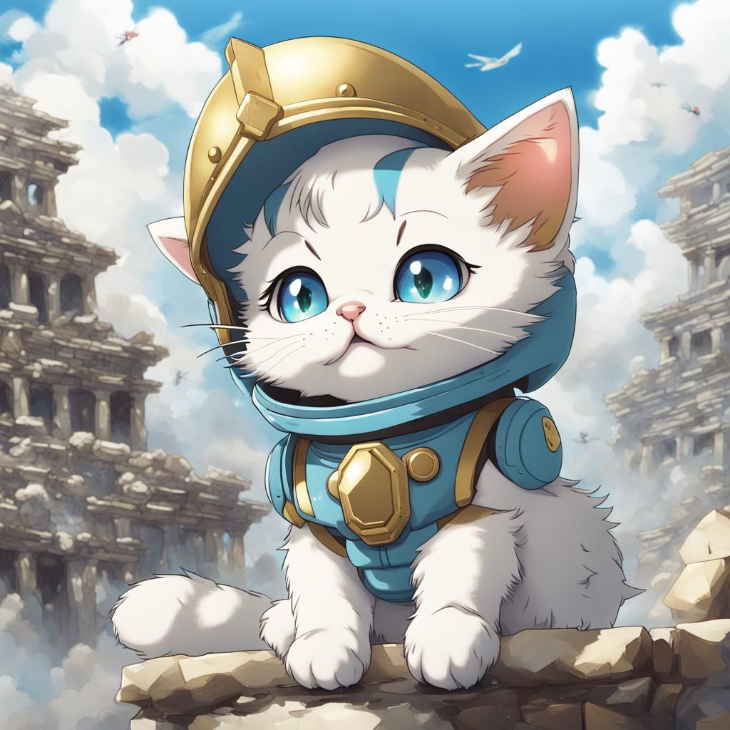 Kitten in Helmet on Cloud, Anime Style