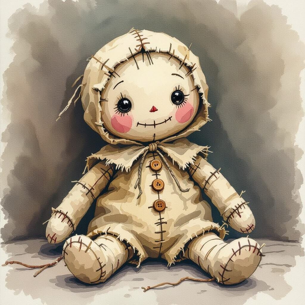 Watercolour Voodoo Doll in Whimsical Style