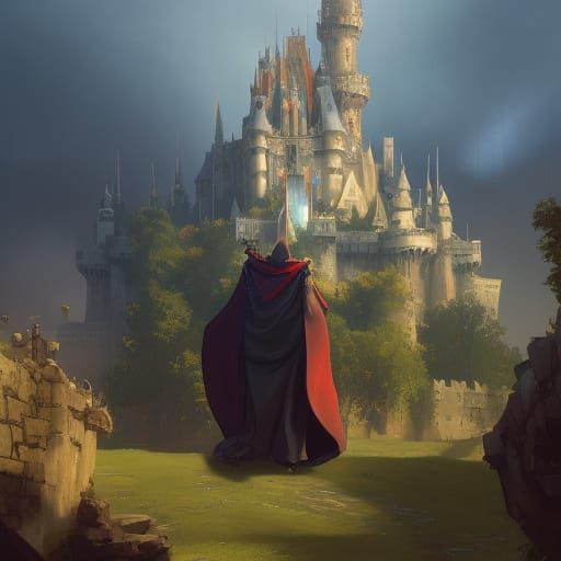 Knight in Cloak Before Castle, Art Nouveau Style