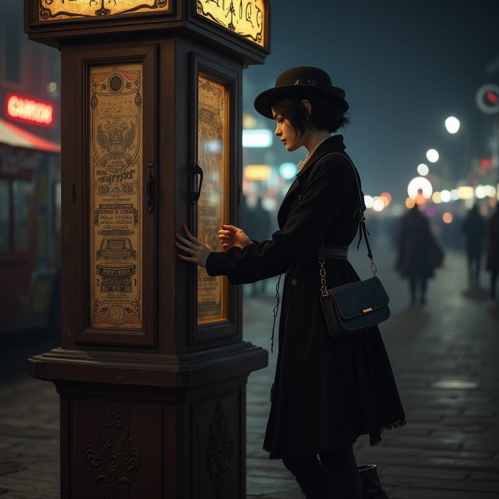 Victorian Woman at Midnight Boardwalk with Fortune Machine