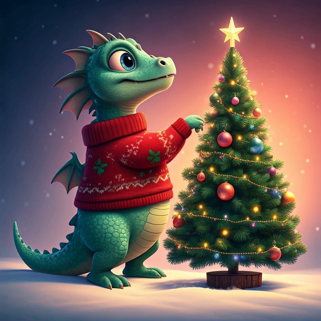 Whimsical Christmas Dragon in Vibrant Winter Wonderland