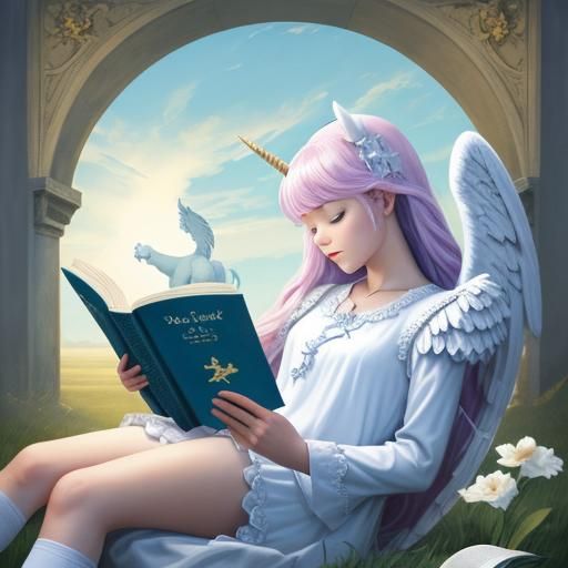 Angel Reading on Unicorn Fantasy Illustration