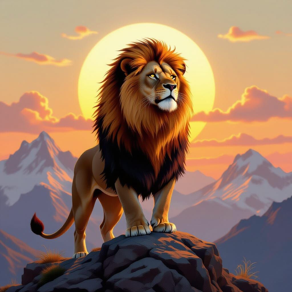 Golden Lion on Mountain Peak at Sunrise