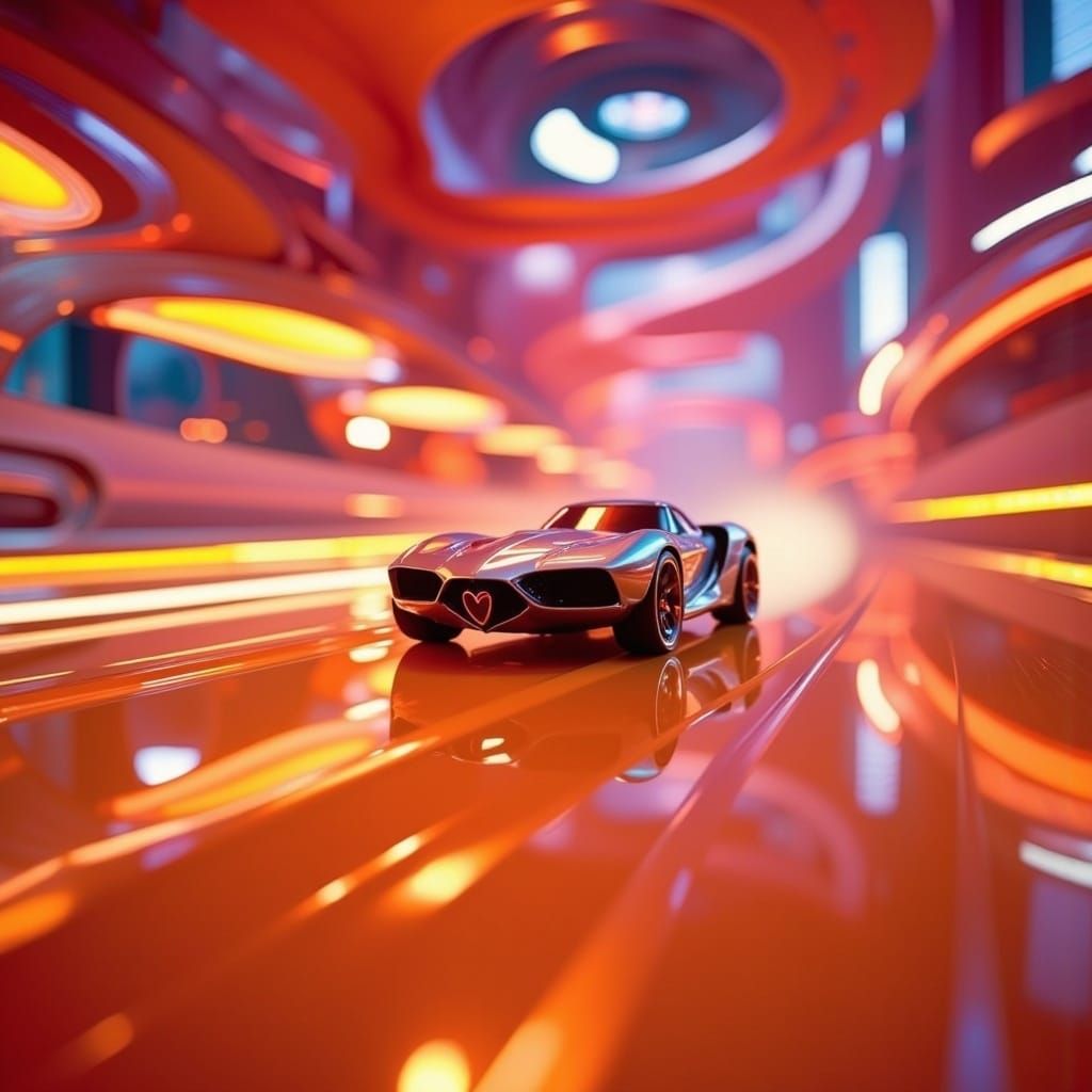 Sleek Hot Wheels Car Speeds Down Vibrant Orange Track in Fut...