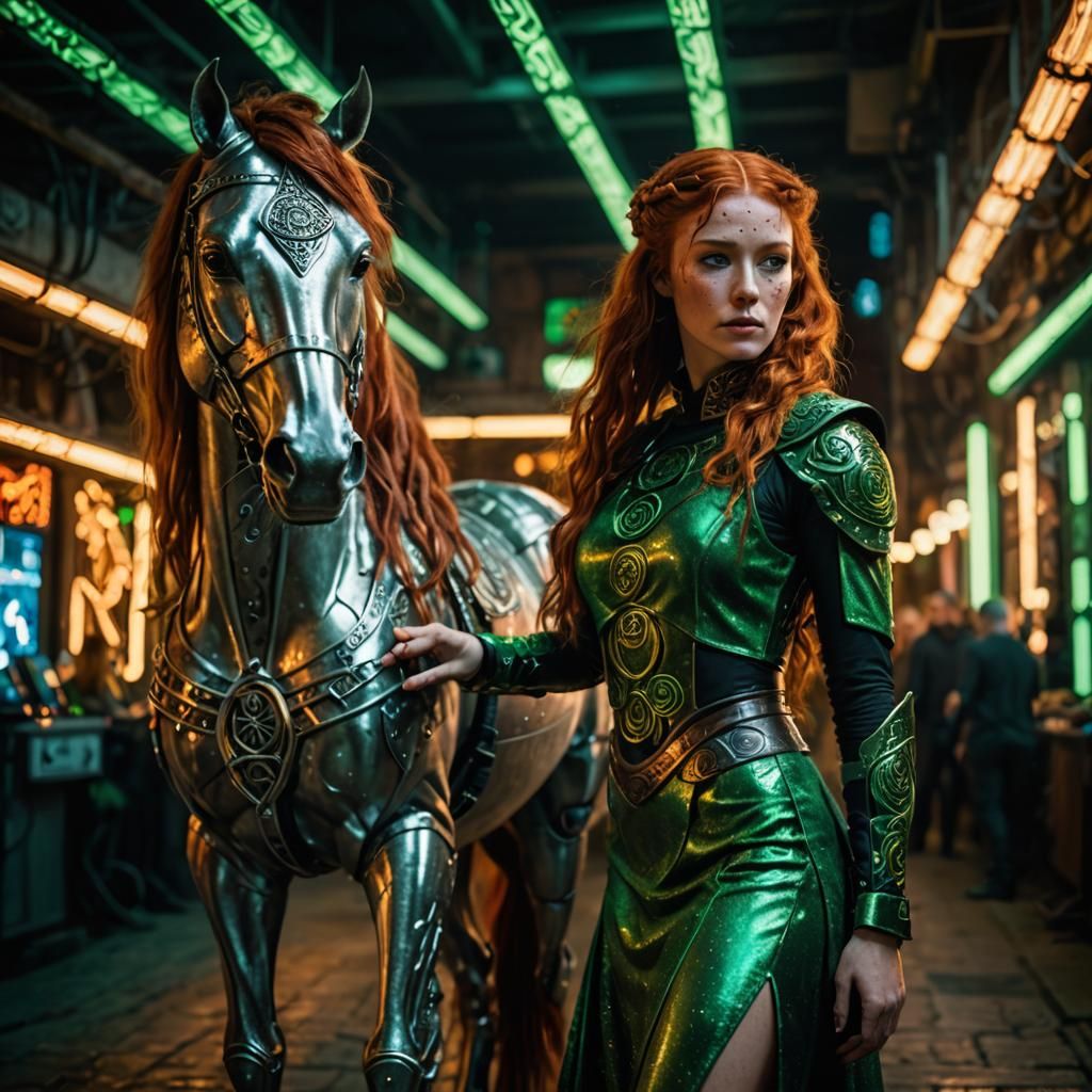 Epona in Cyberpunk Style with Robotic Horse