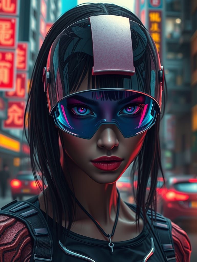 Cyberpunk Woman with Mecha Visor in Dark Cityscape