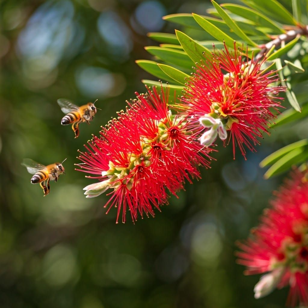 Bees flying around a red flowering Bottlebrush tree