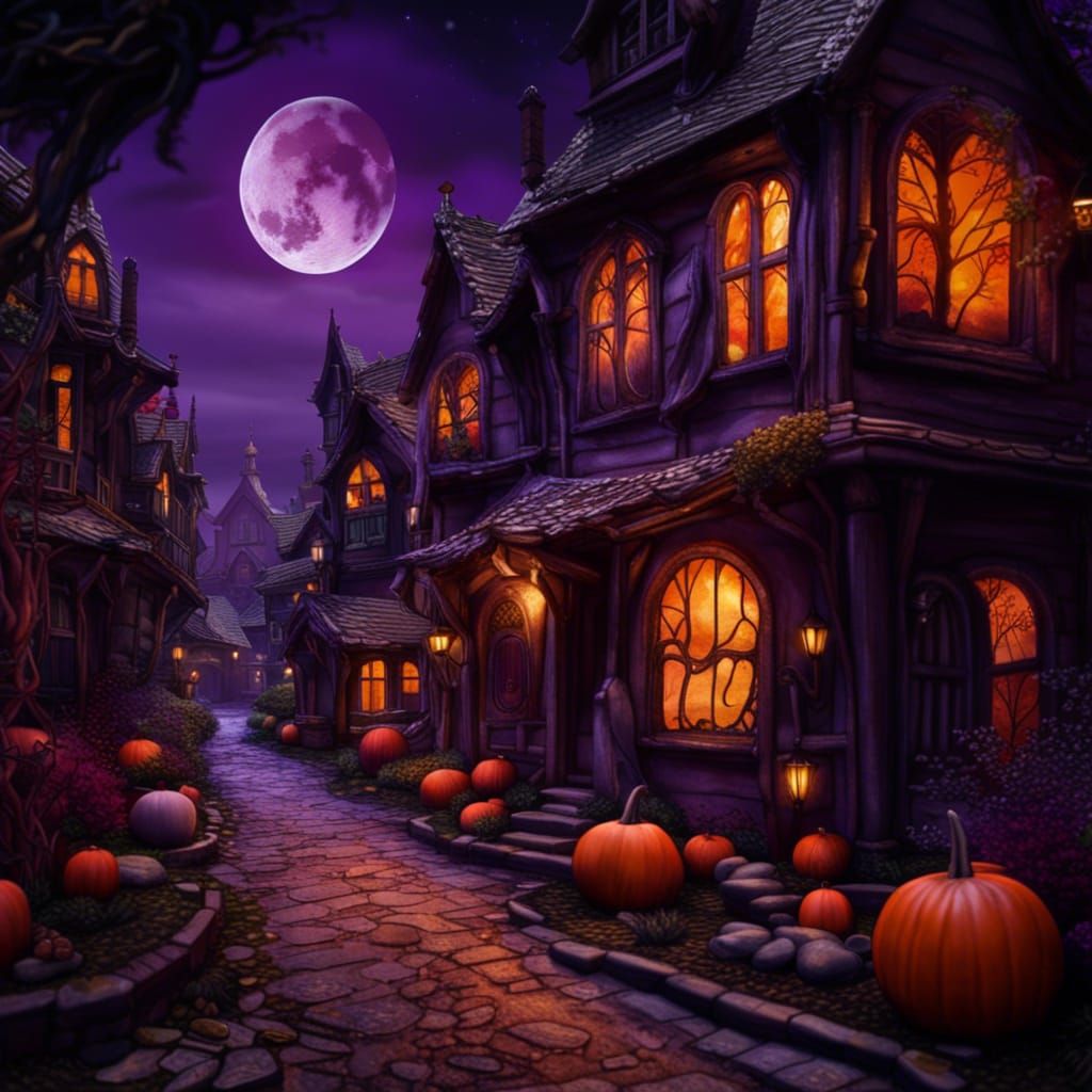 Halloween Village Under a Gothic Moon