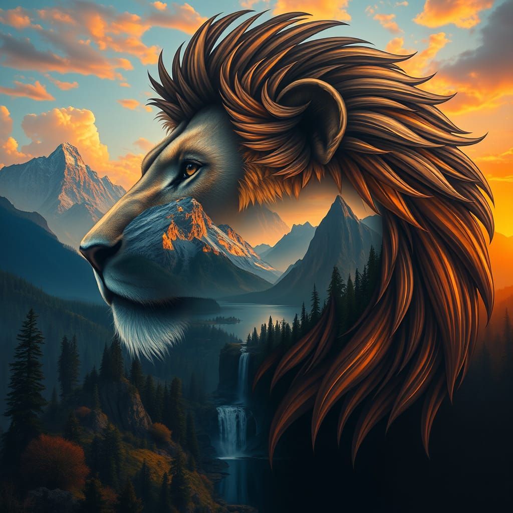 A hyper-realistic and ultra-detailed 12k high-definition oil painting of a picturesque scene. There's a majestic lion's ...