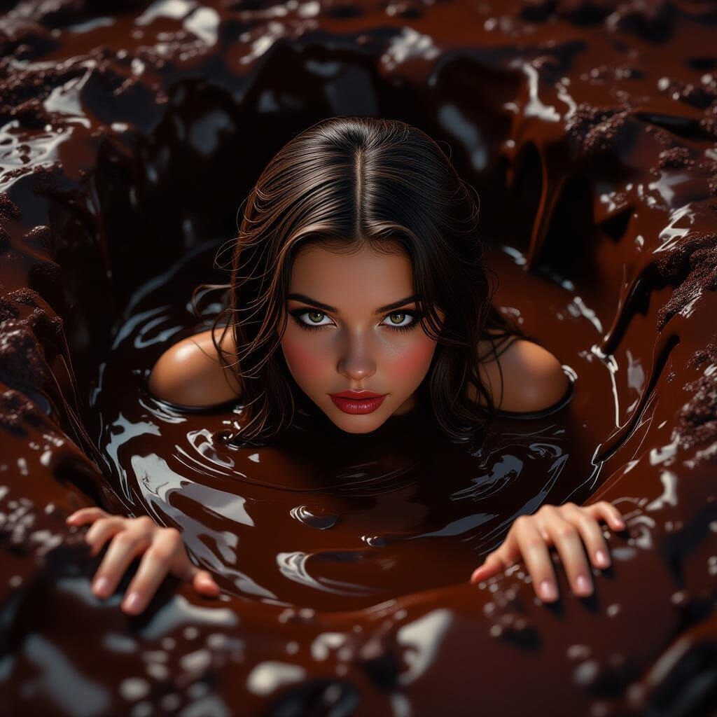 Beautiful Girl Sinks Into Dark Chocolate Pit
