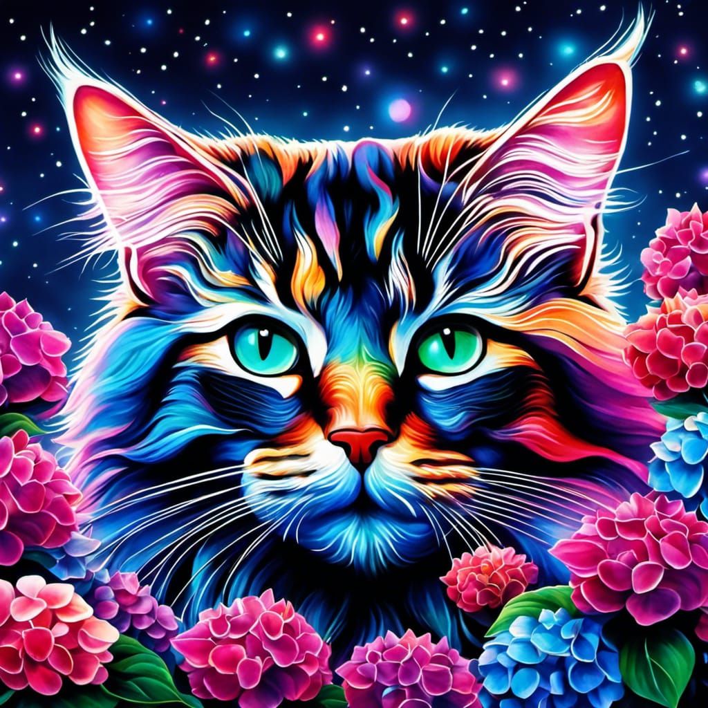 Hydrangea Cat in Ethereal Night Sky