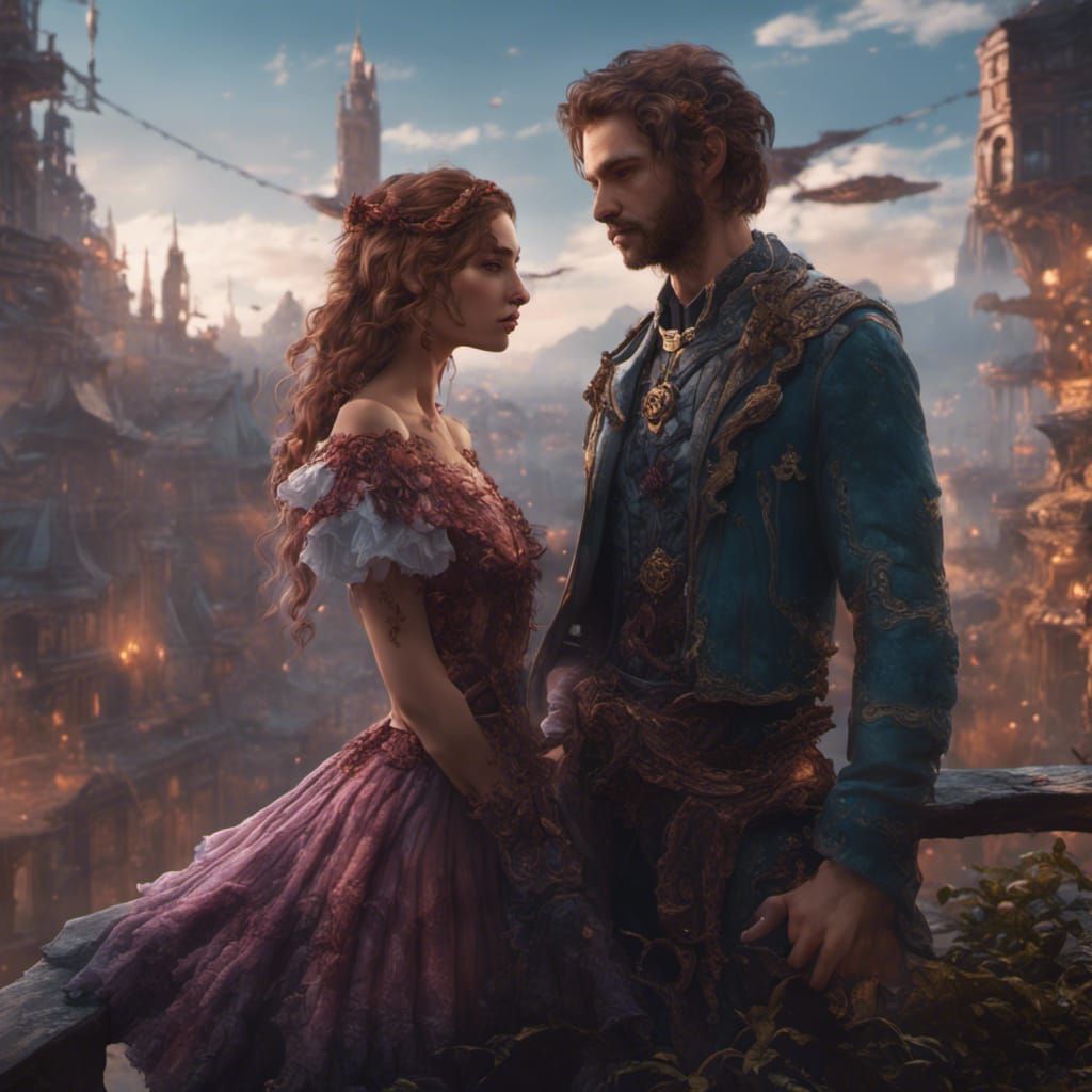 Fantasy Couple Embrace in Detailed Matte Painting