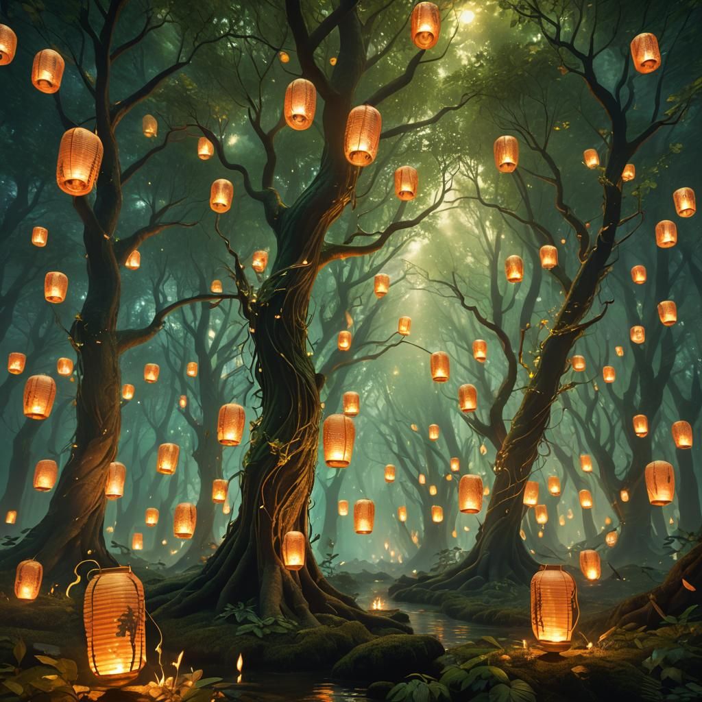 Mystical Forest: Fire Spirits and Floating Lanterns