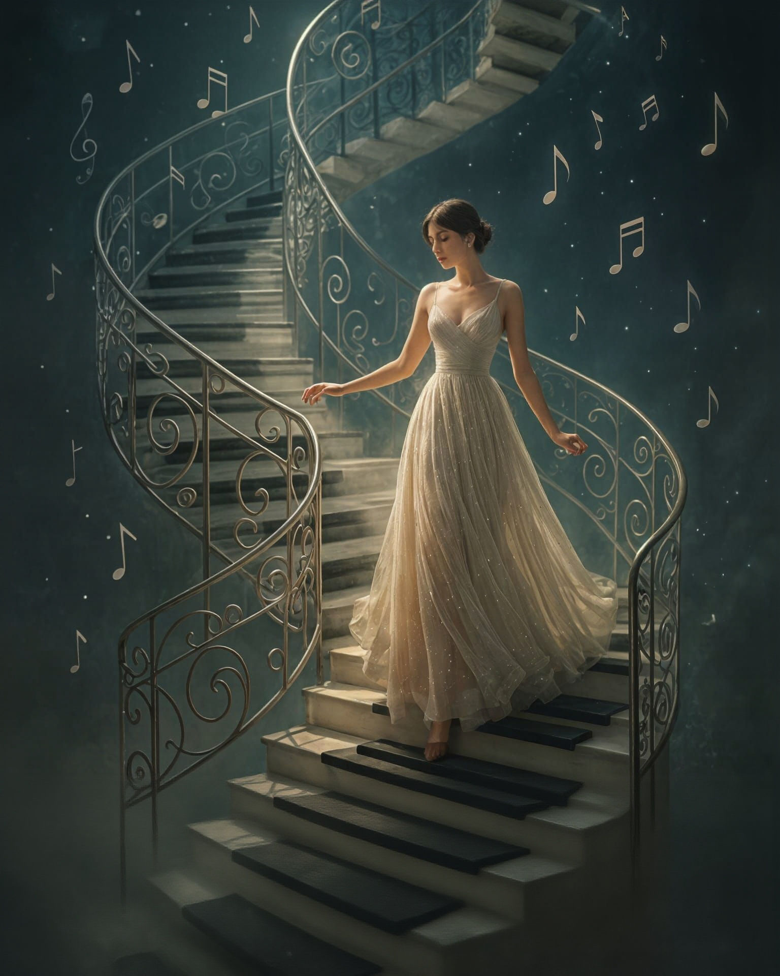 Woman Descending Piano Staircase in Dreamlike Scene
