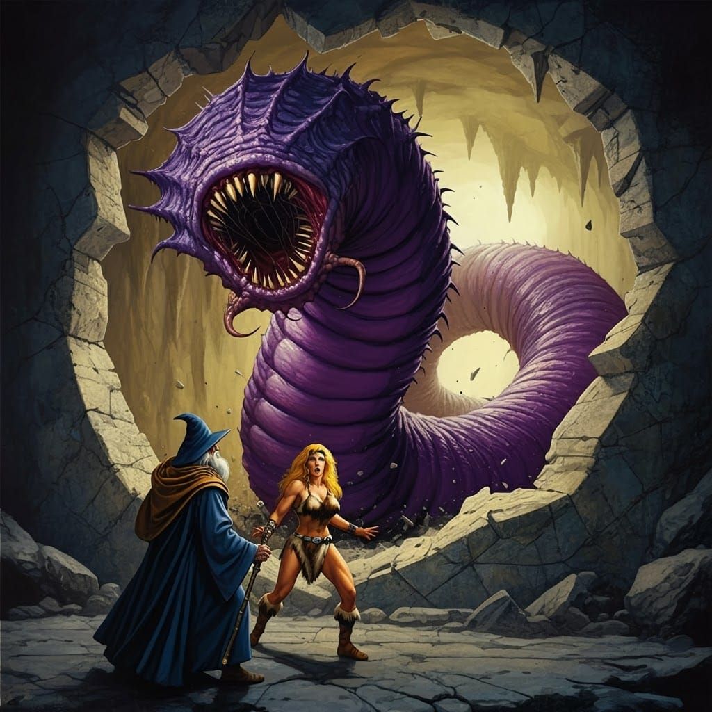 Gigantic Purple Worm Emerges in Fantasy Cavern