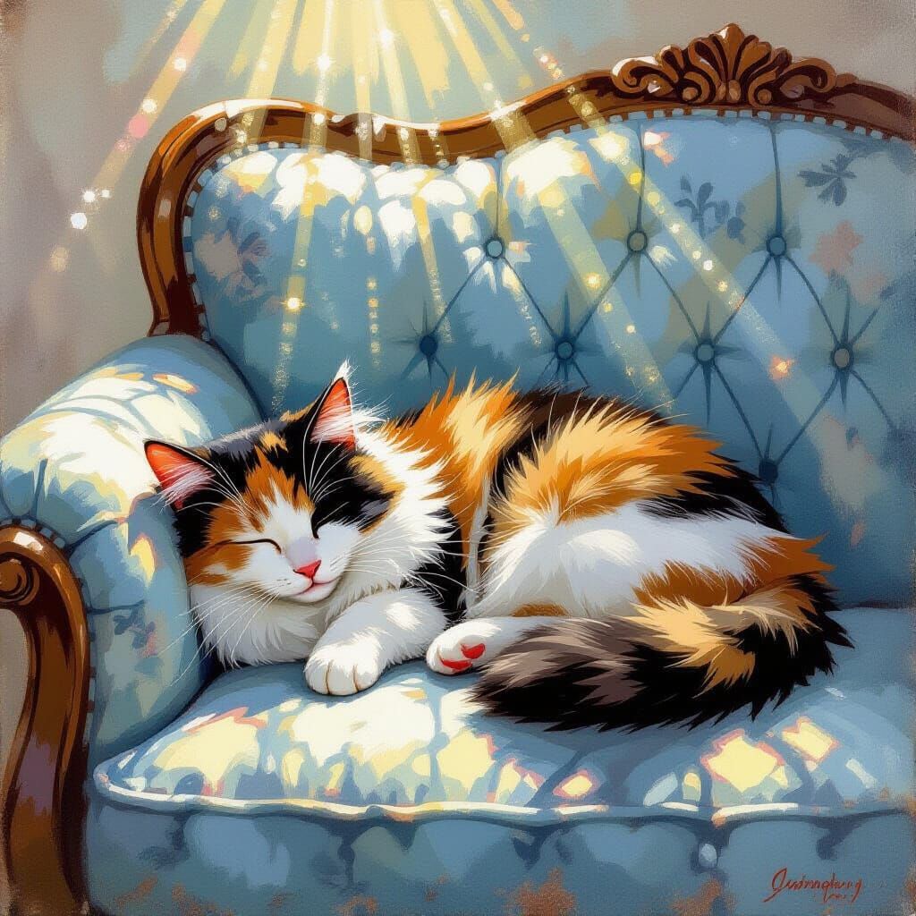 Calico Cat Napping in Sunlight on Vintage Couch