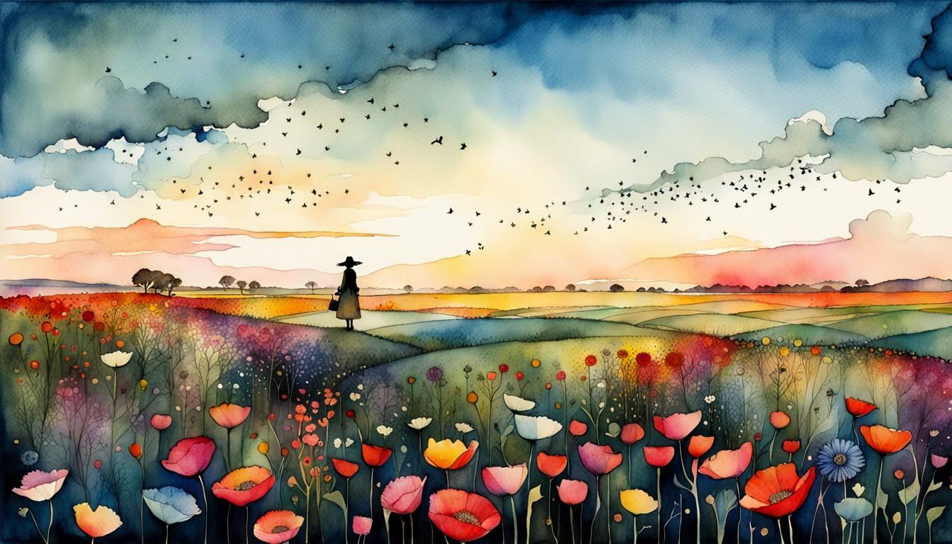 Colorful Flower Field at Dawn: Watercolor and Ink