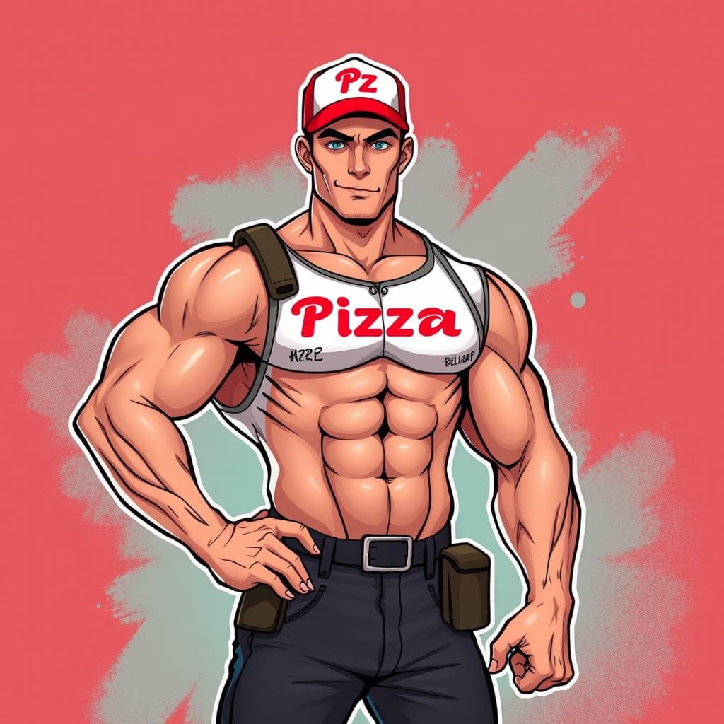 Muscular Pizza Man with Eight-Pack in Comic Book Style